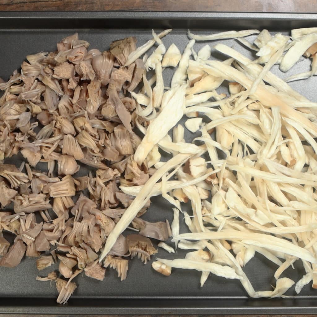 step 3 of jackfruit and mushrooms on a pan