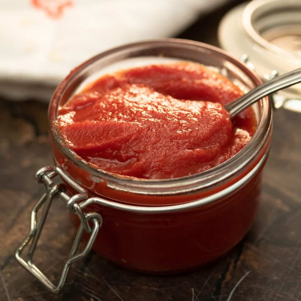 tomato paste in a glass jar with a spoon dipped into it