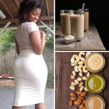 Pinterest graphic of Gina in a white skirt with smoothies and peanut butter
