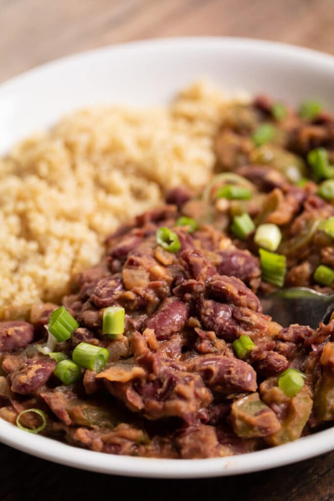 close up shot of red beans and quinoa on a plate