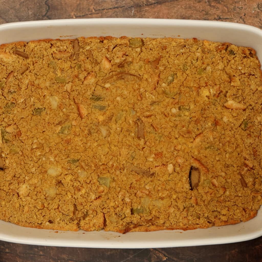 baked dressing in a white pan