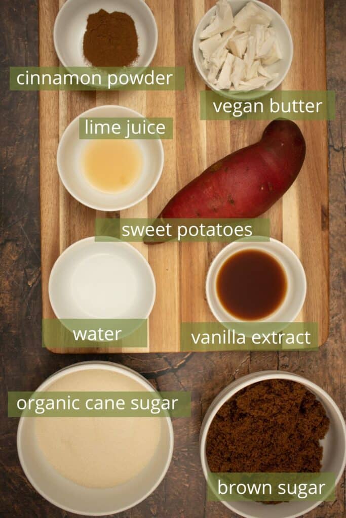 ingredients of candied yams on a wood table