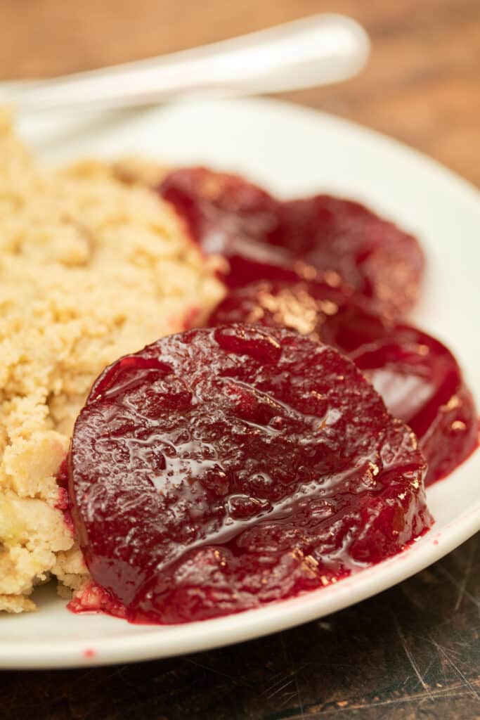 jellied cranberry sauce on a plate with cornbread dressing