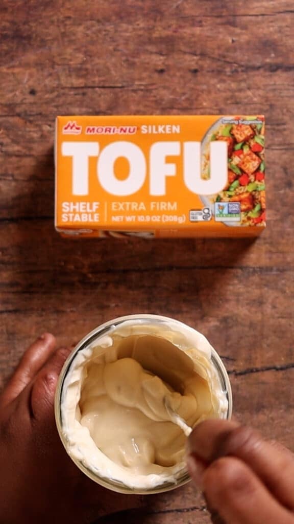 top angle of viewing mayo in jar next to a box of Shelf Stable Silken Tofu