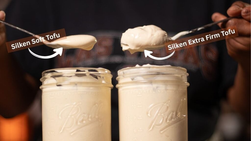 showing the difference between mayo made with silken soft tofu vs silken extra firm tofu